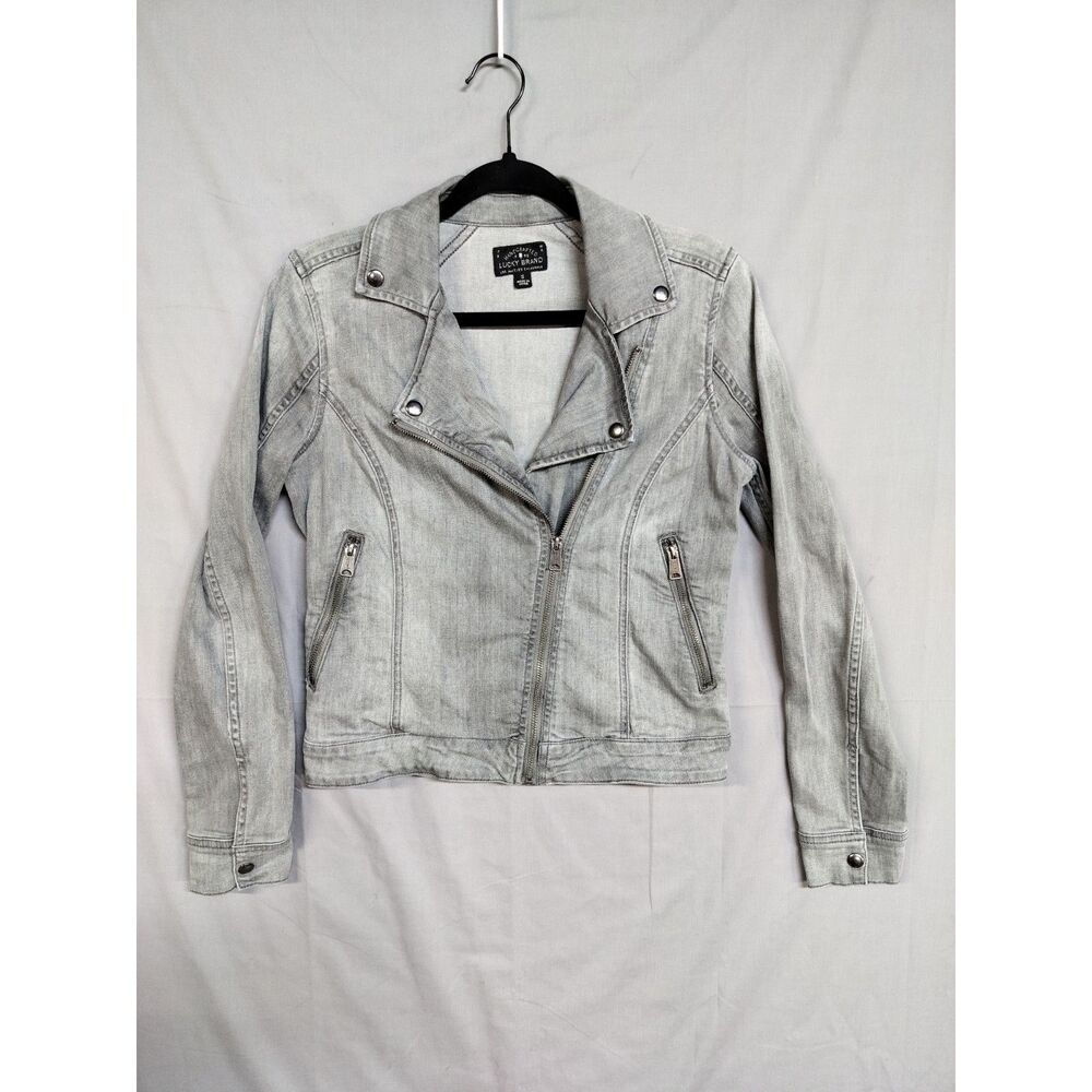 Lucky Brand Gray Denim Moto Jean Jacket Women’s Size S grunge punk rockabilly